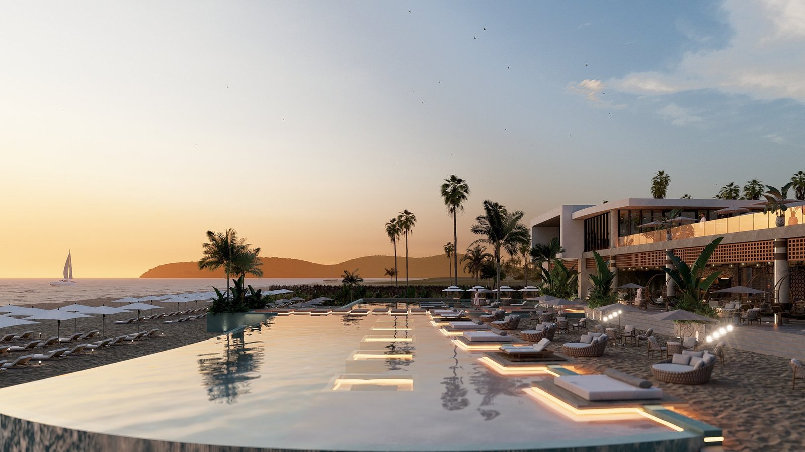 Piscina infinita frente al mar al atardecer
